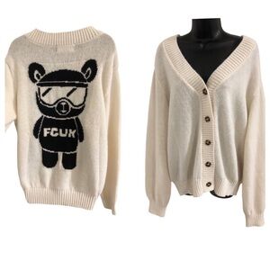 FCUK French connection UK Cream V-Neck Button Front bear Cardigan Sweater large